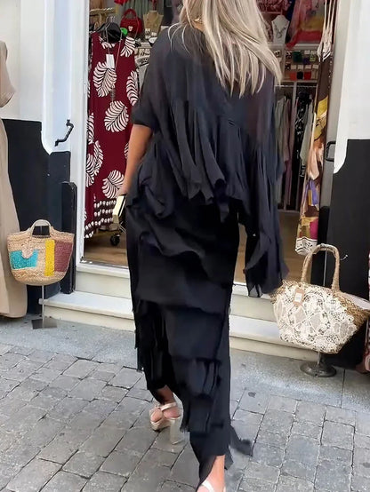 Vestido assimétrico com camadas e folhos